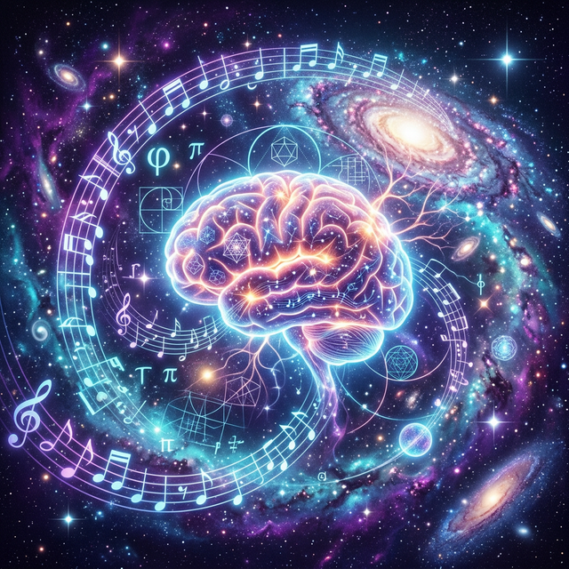 Conceptual diagram showing the connection between music, mathematics, the brain, and the universe
